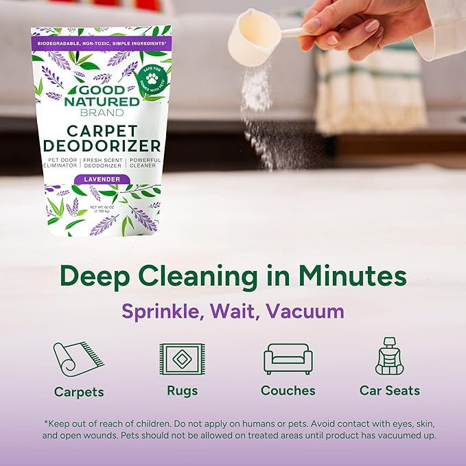 Good Natured Brand | Carpet Deodorizer & Freshener Powder | 60 oz Pet Odor Eliminator for Strong Odor & Pet Urine | Fresh Natural Lavender | Safe for Homes with Pets