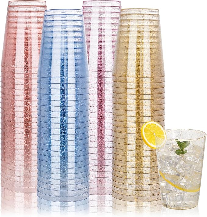 DaYammi 100 Pack 10 Oz Plastic Cups Glitter Disposable Cups in Assorted Colors,Plastic cups with 4 Colors, Disposable Wine Glasses Heavy Duty disposable Tumblers Drinking Cocktail Glasses for Party