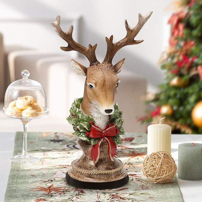 Christmas Reindeer Head Statues, Deer Head with Wreath, Reindeer Christmas Table Decoration for Home Indoor Resin Xmas Deer Figurine Winter Holiday New Year Gift for Woman
