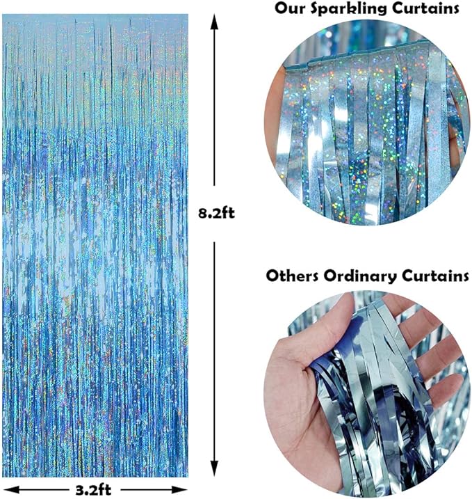 Foil Fringe Curtains Party Decorations - Melsan 3 Pack 3.2 x 8.2 ft Tinsel Curtain Party Photo Backdrop for Birthday Party Baby Shower or Graduation Decorations Light Blue