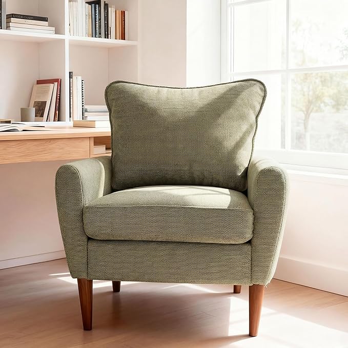 OLIXIS Comfy Accent Chair for Living Room Bedroom and Waiting Room, Upholstered Mid-Century Reading Chair with Pillow and Solid Wood Legs, Wide Singe Modern Lounge Sofa (Green, 2 Pack)