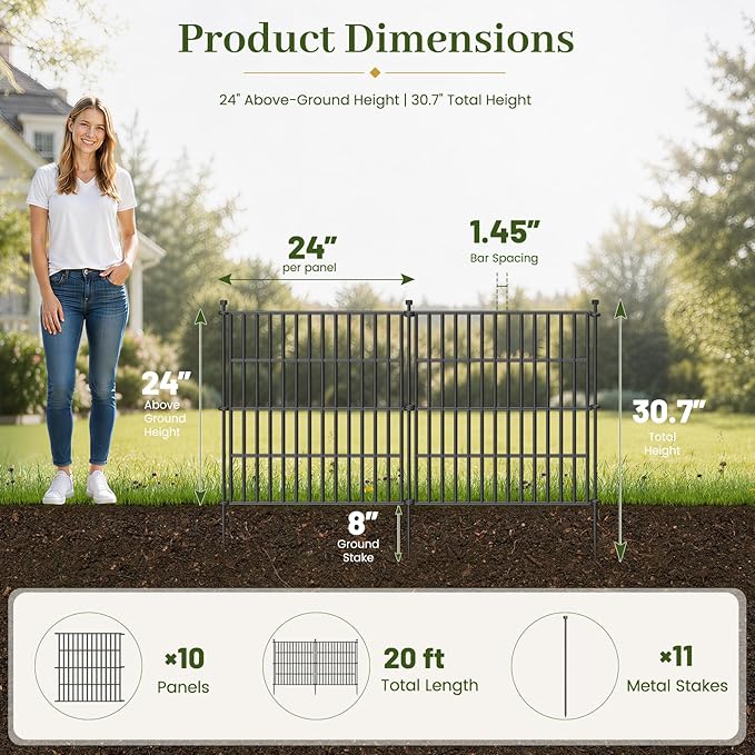 10 Panels No Dig Decorative Outdoor Garden Fence for Yard, 24 in(H) X 20 ft(L) Animal Barrier Fencing Rustproof Metal Wire Panel Border for Dog, Rabbits, and Patio Temporary Ground Stakes