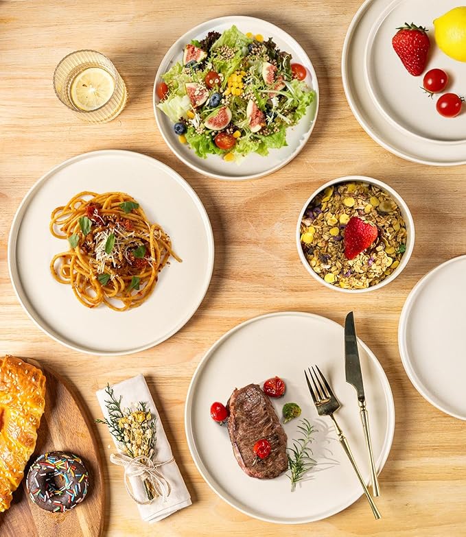 TheTerra Ceramic Dinnerware Sets for 8, 24 Pieces Handmade Reactive Glaze Plates and Bowls Set, Scratch Resistant Dish Set, Oven & Microwave & Dishwasher Safe, Matte White