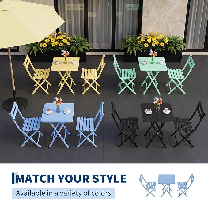 GarveeTech 3-Piece Folding Bistro Set, Heavy Duty Outdoor Patio Furniture with 2 Chairs & 1 Table, Weather-Resistant Steel Frame, No Assembly Required for Garden, Yard, Balcony,Blue