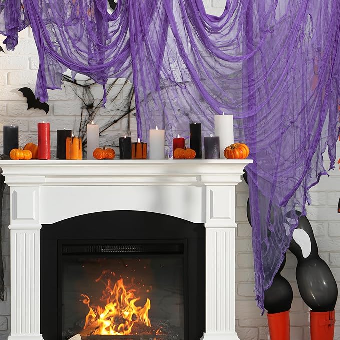 RunNico 197'' x 85'' Halloween Purple Scary Gauze, Purple Haunted House Creepy Cloth, Spooky Fabric Hanging Decoration for Horror Themed Party Supplies Indoor Outdoor Wall Yard Doorway Porch Decor