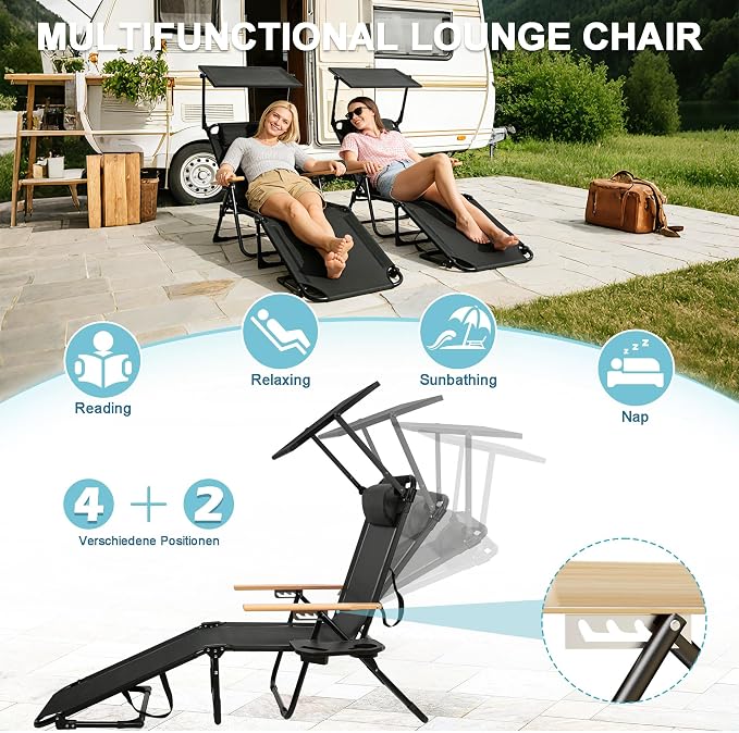 Outdoor Chaise Lounge Chair with 4-Position Adjustable Backrest,Patio Folding Sun Tanning Chair,Pillow & Cup Holder,Portable Recliner Sunbathing Lounger Chairs for Beach Garden (Black with Shade)