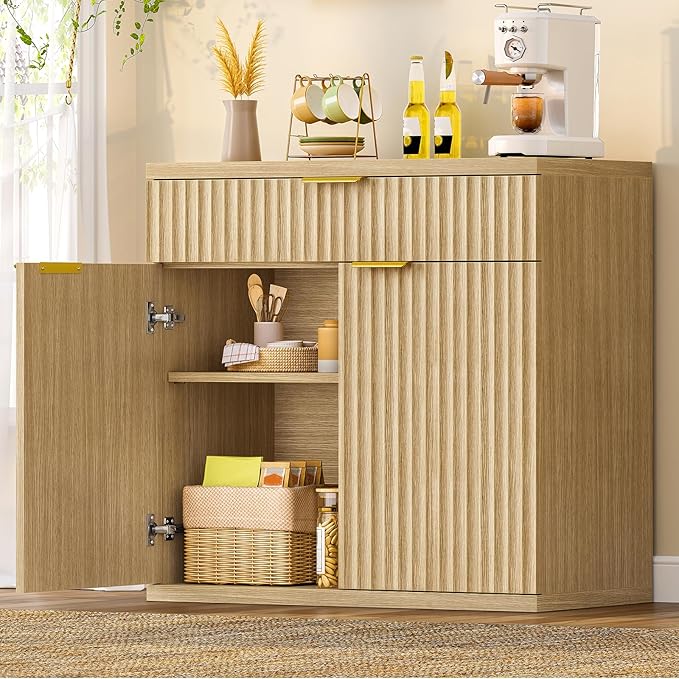 TEENFON Fluted Buffet Cabinet with Storage, 31.5" Sideboard Cabinet, Coffee Bar Cabinet with 2 Doors and Adjustable Shelf for Living Room, Kitchen, Entryway, Natural