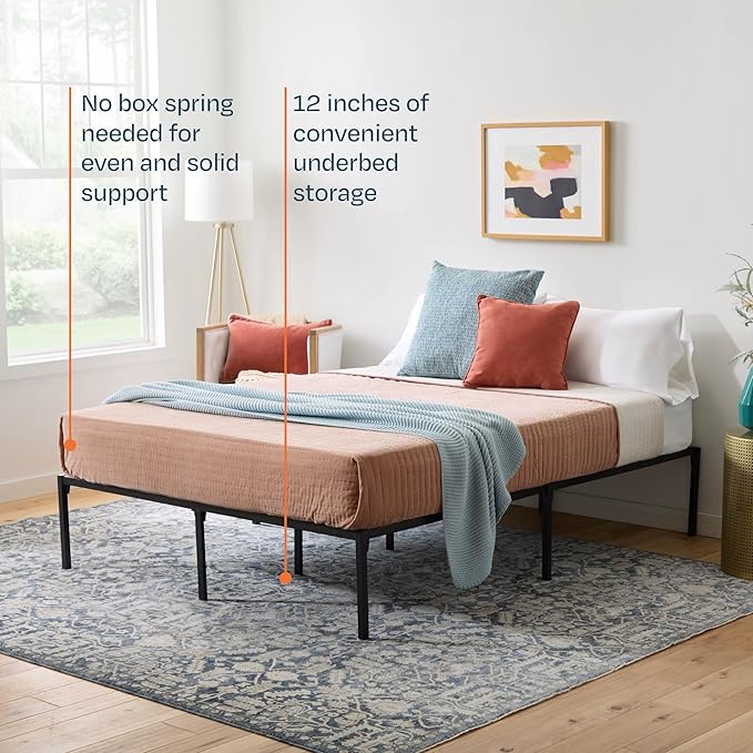 Linenspa Heavy Duty Metal Platform Bed Frame - No Box Spring Needed - Underbed Storage - Simple Toolless Assembly - 14” High - Sturdy - Steel Slats - Sleek Modern Design - Twin Size