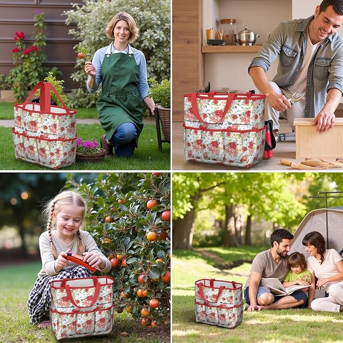 Floral Garden Tool Bag - Waterproof Garden Tote with 8 Pockets, Large Storage Home Organizer Gardening Tool Oxford Bag for Garden Tools Kits Holder, Ideal Outdoor Gardening Gift for Women & Men