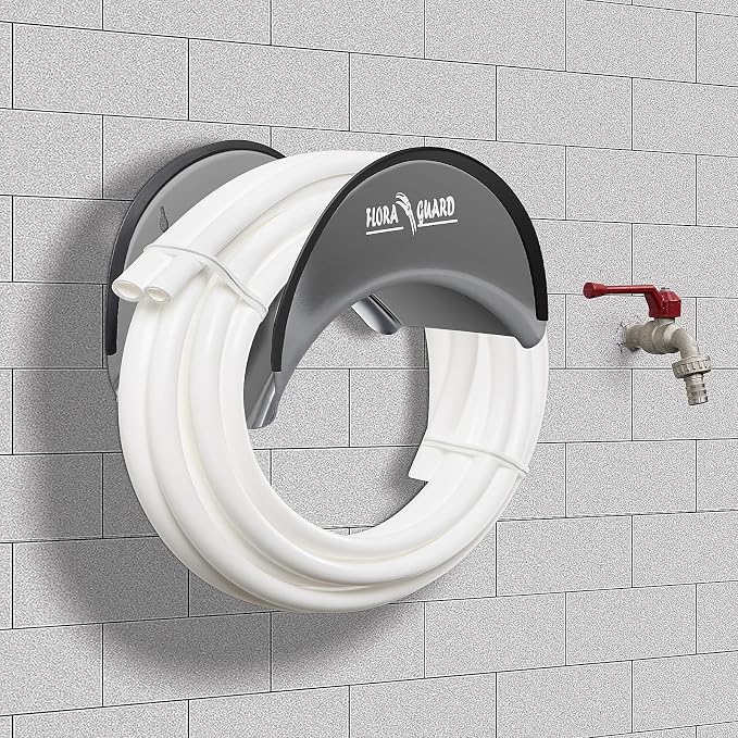 FLORA GUARD Garden Hose Holder, Heavy-Duty Hose Hanger, Holds Up to 125 ft, Garden Rack Wall Mount for Outside, Rust and Slip Resistant, Gray