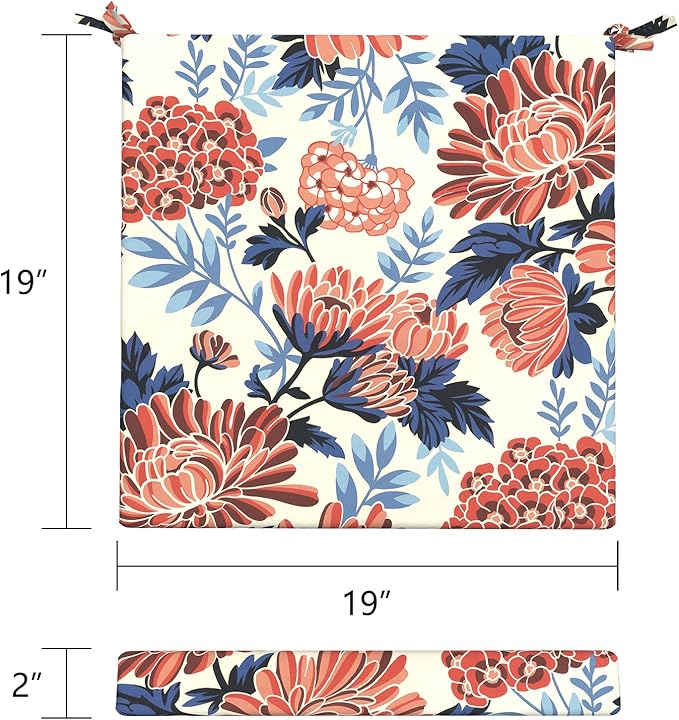 LVTXIII Outdoor Chair Cushions, Water Repellent Patio Furniture Cushions Outdoor Chair Pads with Ties for Dining Chairs and Garden Furniture, 19"x19"x2" Set of 2, Red Chrysanthemum