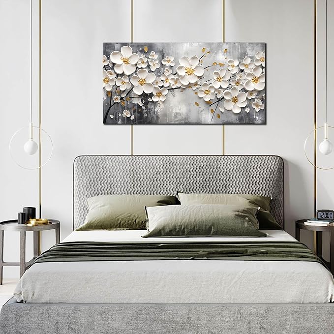 Flower Pictures Wall Art for Bedroom Women - White Canvas Wall Art for Living Room - Girls Room Decor Ready to Hang Size 20" x 40"