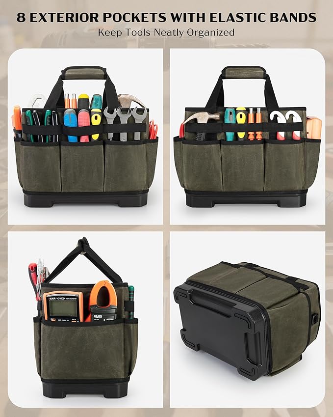 Marscamd Waxed Canvas Tool Bag with Hard Bottom and 8 Pockets, Large Tool Tote with Shoulder Strap for Tools & Gardening, Dark Green