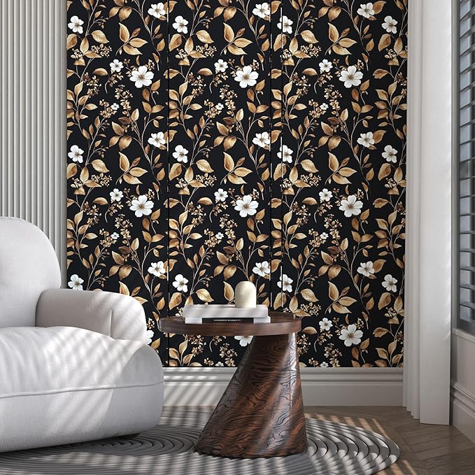 Extra Long Vintage Gold Wallpaper, 17.5" x 393" Classic Black and Gold Floral