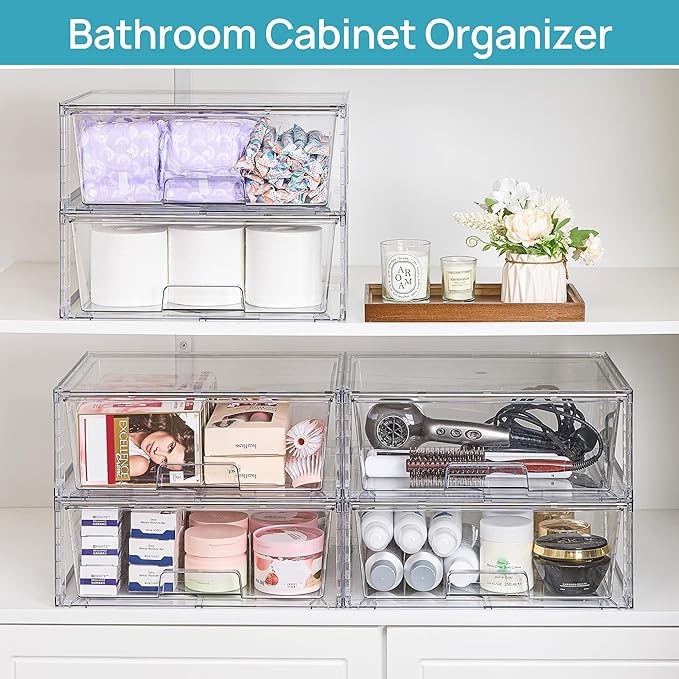 Vtopmart 3 Pack Large Stackable Storage Drawers,Easily Assemble Clear Acrylic Bathroom Closet Undersink Organizers,Plastic Storage Bins for Cabinet,Kitchen Pantry,Medicine Organization