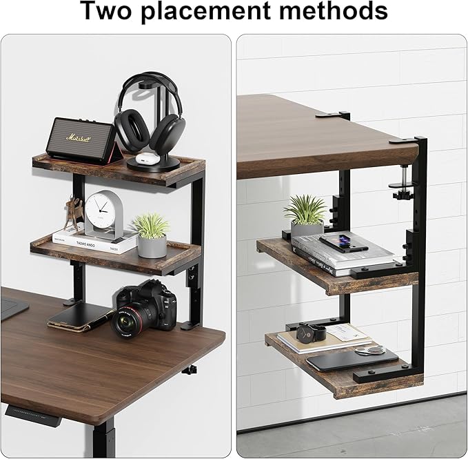 2-Tier Desk Shelf, Expandable Under Desk Storage, Clamp on Desk Shelf, Desktop Accessories for Offices, Study Rooms, and Game Rooms (Wood)