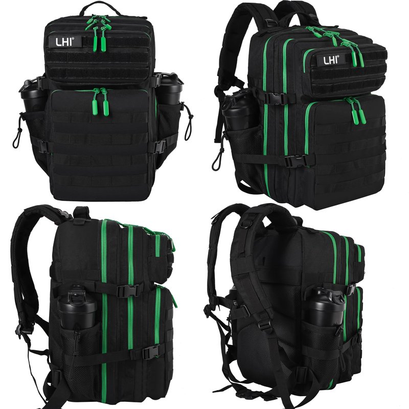 LHI Military Tactical Backpack for Men and Women 45L Army 3 Days Assault Pack Bag Large Rucksack with Molle System - Black with green zipper