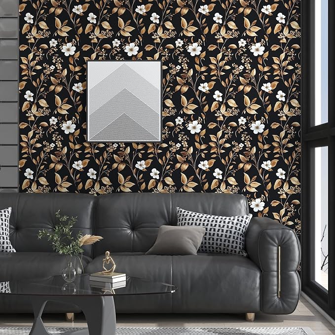 Vintage Black Peel and Stick Wallpaper – Black and Gold Floral Leaf Design Dark