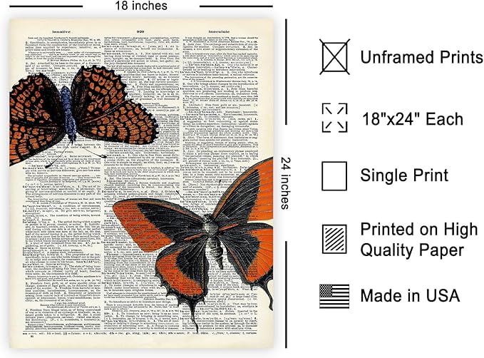 Poster Master Dictionary Art Poster - Butterflies Print - Moth Art - Butterfly Art - Insect Art - Gift for Men, Women & Animal Lover - Chic Decor for Living Room or Bedroom, 18x24 Unframed Wall Art