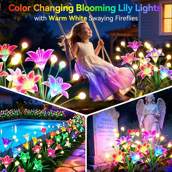 WdtPro Upgraded Solar Garden Lights Outdoor: 4 Pack Solar Firefly Swaying Light with Colorful LED Lily Flower, Waterproof Garden Decor for Yard Patio Pathway Lawn, Gifts for Women (2 Rosy+2 Purple)