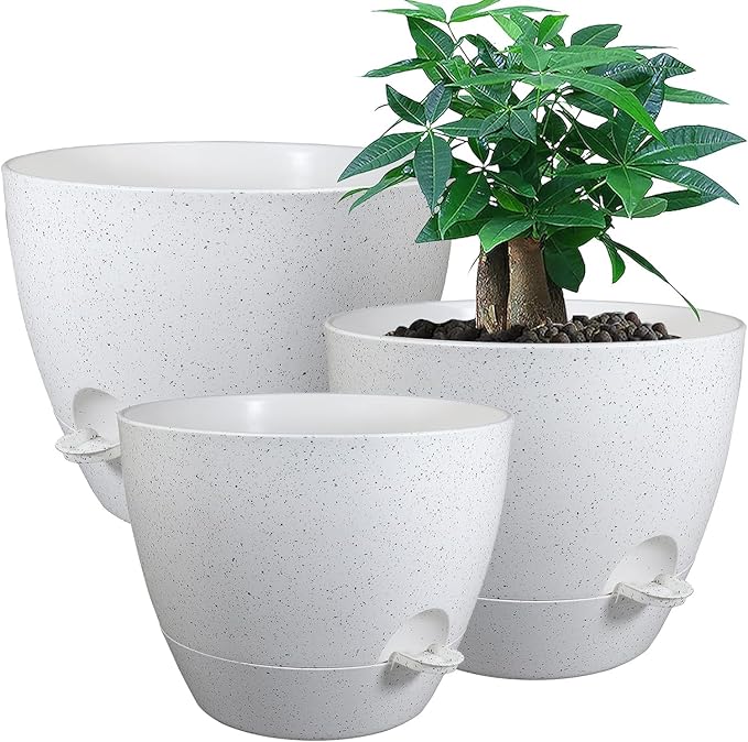 Large Self Watering Pots, 12/10/9 Plastic Planters with High Drainage Holes and Deep Reservoir for Indoor Outdoor Garden Plants and Flowers, White Speckles