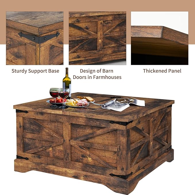 oneinmil Farmhouse Coffee Table with Storage Organizer, Square Coffee Tables with Large Storage Space, Center Table for Living Room, Bedroom, Home Office, Rustic Brown