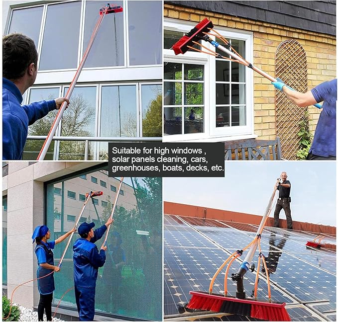 20FT Extendable Window Cleaning Pole Kit with Large Brush Head & 20M Water Supply Hose Steel Buckle Fixing Easy Installation - Ideal for Roof & Window Cleaning Tools