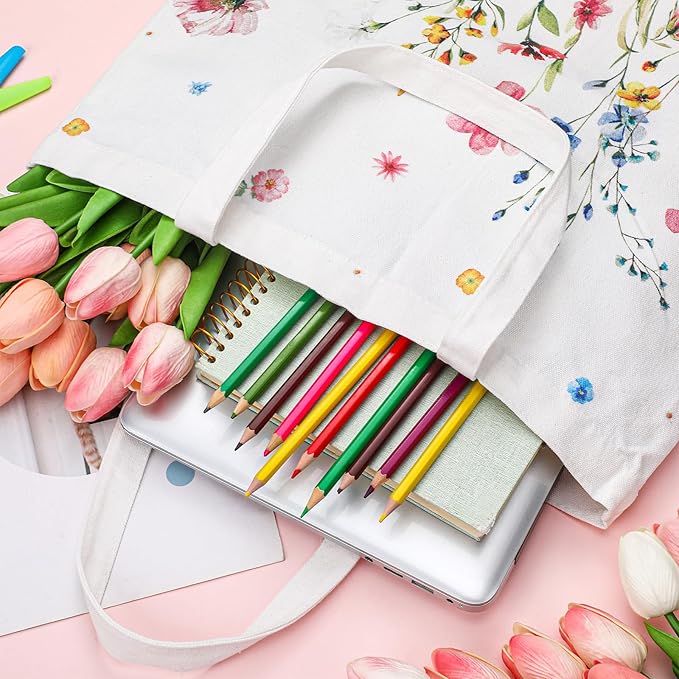 Bencailor 2 Pcs Spring Flower Canvas Tote Bags Reusable Wildflowers Herbs Plant Grocery Bags for Women Shopping Spring Gifts(Fresh)