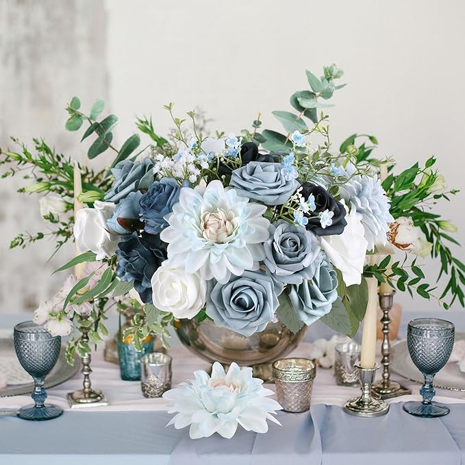 AGIRL Artificial Flowers Combo Silk Mix Blue Fake Flower with Stems for DIY Wedding Bouquets Centerpieces Arrangements Table Chair Decor Baby Shower Home Decor (Light Blue)