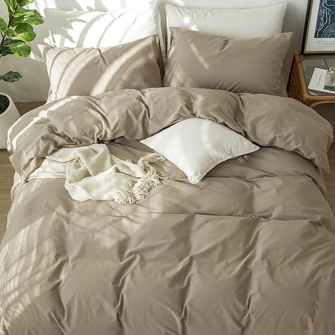 MooMee Bedding Duvet Cover Set 100% Washed Cotton Linen Like Textured Breathable Durable Soft Comfy (Solid Mocha Brown, Cal King 104"x98")