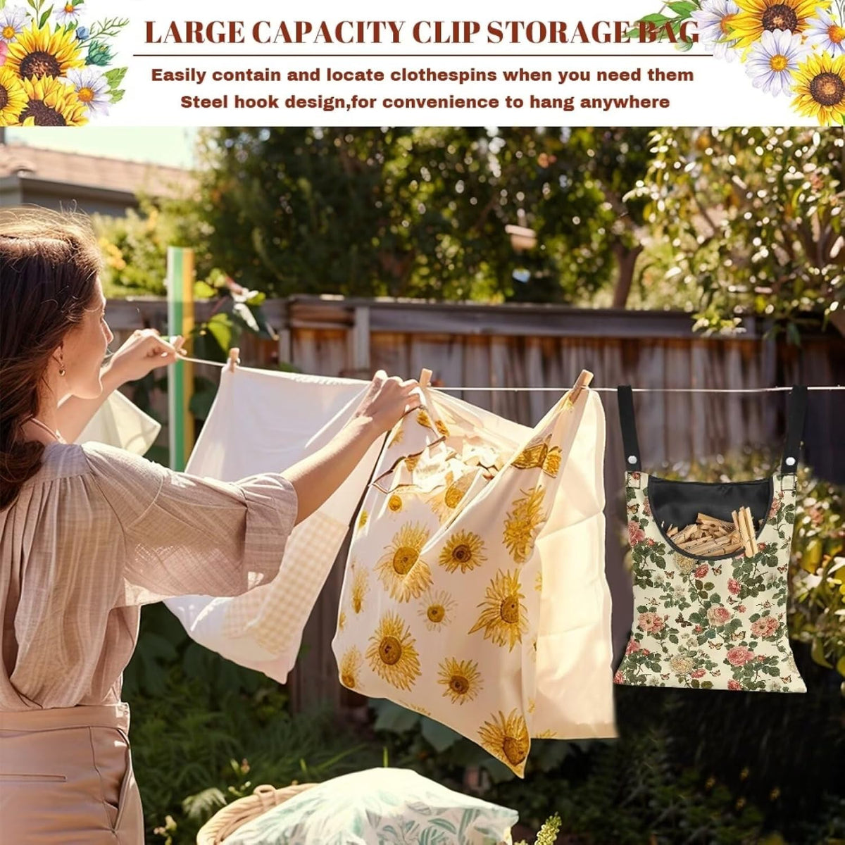 Floral Clothes Pin Hanging Bag with Hanging Rope 14.5 X 12 Inch Clothespin Bag for Clothes Pins and Clothespins - Heavy Duty Outdoor Use