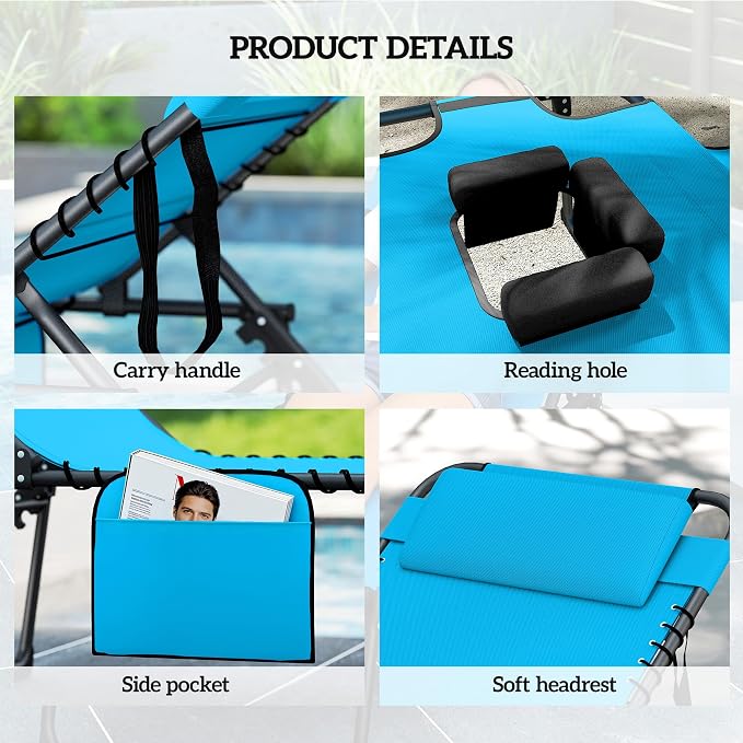 Outsunny 2 Piece Folding Chaise Lounge with 5-Level Reclining Back, Tanning Chair with Face Hole, Outdoor Lounge Chair with Side Pocket & Headrest for Beach, Yard, Patio, Blue