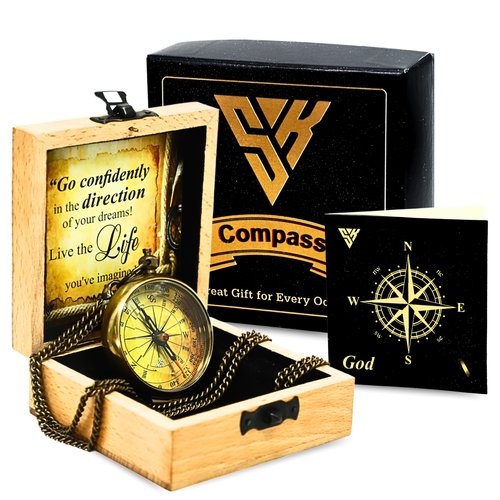 Antique Pocket Compass with Wooden Box for Gift on Birthday Compass Engraved with Inspirational Quotes, Brown Gift for Birthday Anniversary