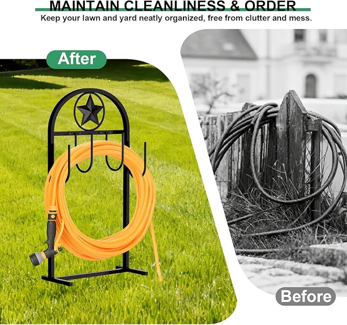 Garden Hose Holder - Upgraded Sturdy Hose Pentagram Holder, Freestanding Heavy-Duty Hose Reel, Sturdy Water Hose Holder and Hose Storage for Outside, Lawns and Yards,Black