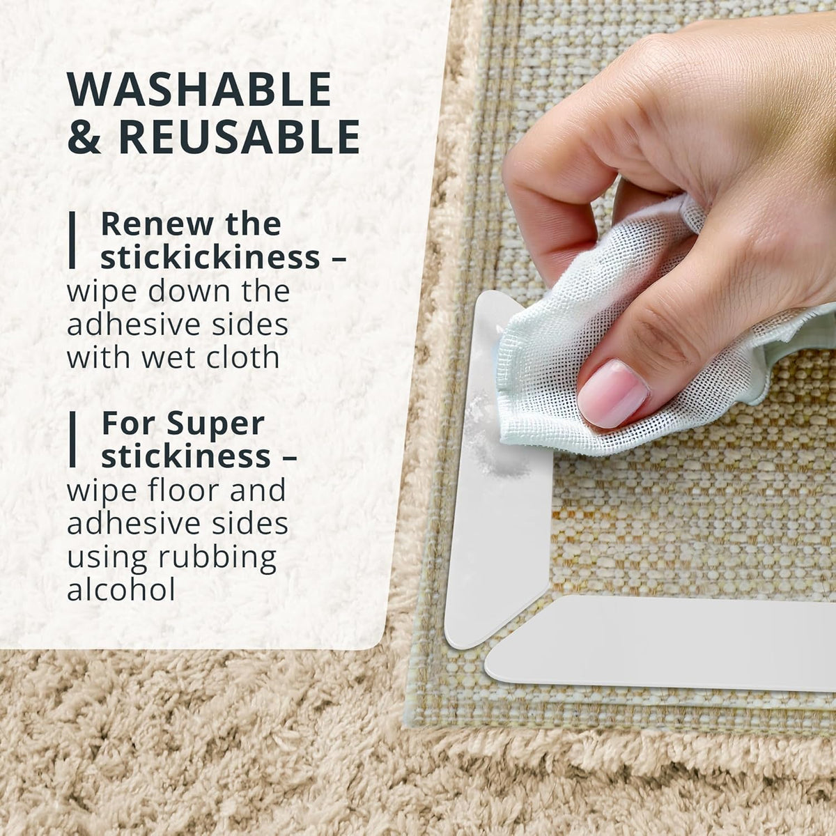 X-Protector Rug Tape - 8 Pcs Set - White Anti-Slip & Anti-Curling Carpet Tape for Hard Floors - Premium Rug Pad Gripper - Ideal Carpet Corner Grippers to Keep Your Carpet in Place & Make Corners Flat
