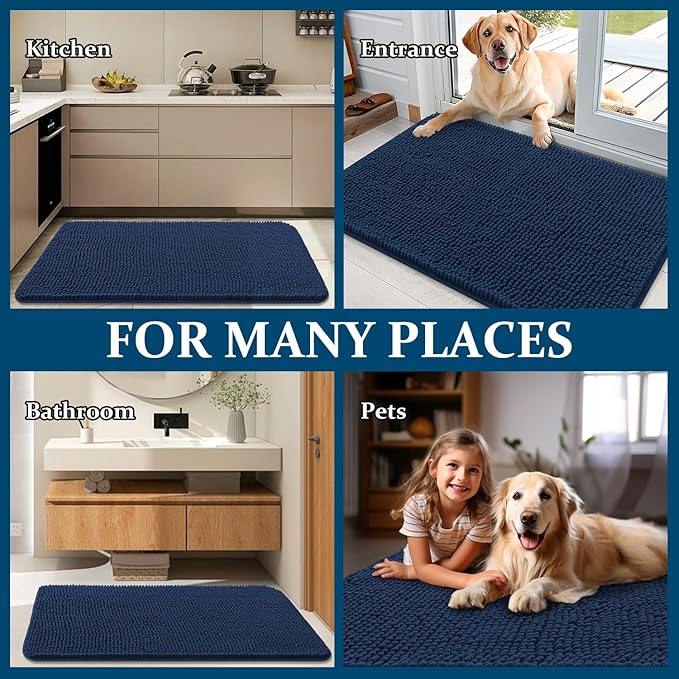 OLANLY Dog Door Mat for Muddy Paws 59x20, Absorbs Moisture and Dirt, Absorbent Non-Slip Washable Doormat, Quick Dry Chenille Mud Mat for Dogs, Entry Indoor Entryway Carpet for Inside Floor, Dark Blue