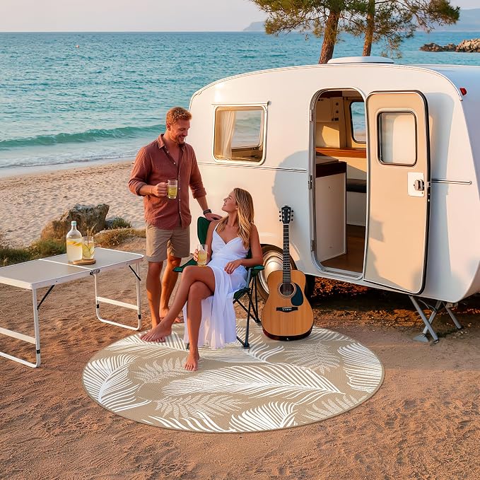Pauwer Waterproof Outdoor Rug 6ft, Reversible Plastic Straw Patio Camping Rug, Indoor Outdoor RV Mat Carpet for Deck, Camper, Porch, Balcony, Backyard, Picnic, Leaf Brown