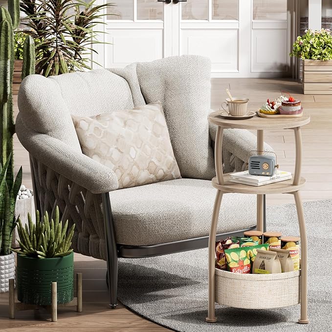 Small Side Table with Storage Basket, Space Saving Round End Table 3-Tier Bedside Corner Stand for Living Room, Bedroom, Garden and More 11.81in Light Oak