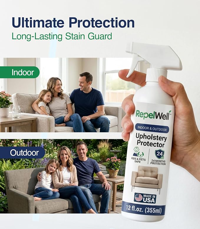 RepelWell Upholstery Protect Stain & Water Repellent Spray (12oz) Eco-Friendly, Pet-Safe Spray Keeps Your Fabric, Leather & Suede Upholstery Looking Like New