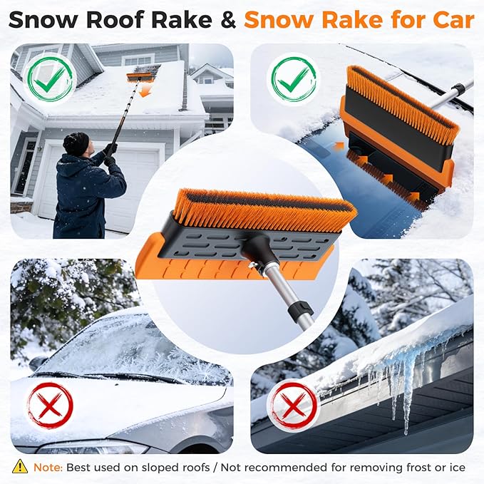 Year-Round Roof Rakes for Snow, Leaves & Moss – 16” No-Scratch Foam Blade & Roof Brush, Snow Rake, Solar Panels, RVs & Cars, C-Shaped Push/Pull Roof Snow Removal Tool (Pole Not Included)