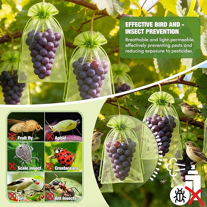 50 Pcs Drawstring Fruit Protection Bags, 6×9 Inch Green Mesh Fruit Net Covers, Anti-Bird Anti-Insect Garden Protective Bags for Fruit Tree, Tomato, Strawberry, Apple, Cherry, Grapes and Vegetables