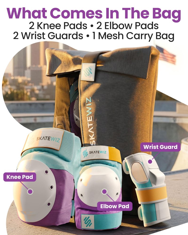 SKATEWIZ Knee and Elbow Pads Adult - Skating Protective Gear Adult - Shield - Size M/L Lavender Blue - Skateboard Pads with Wrist Guards for Inline Skates, Roller Skate - Ice Skates for Women