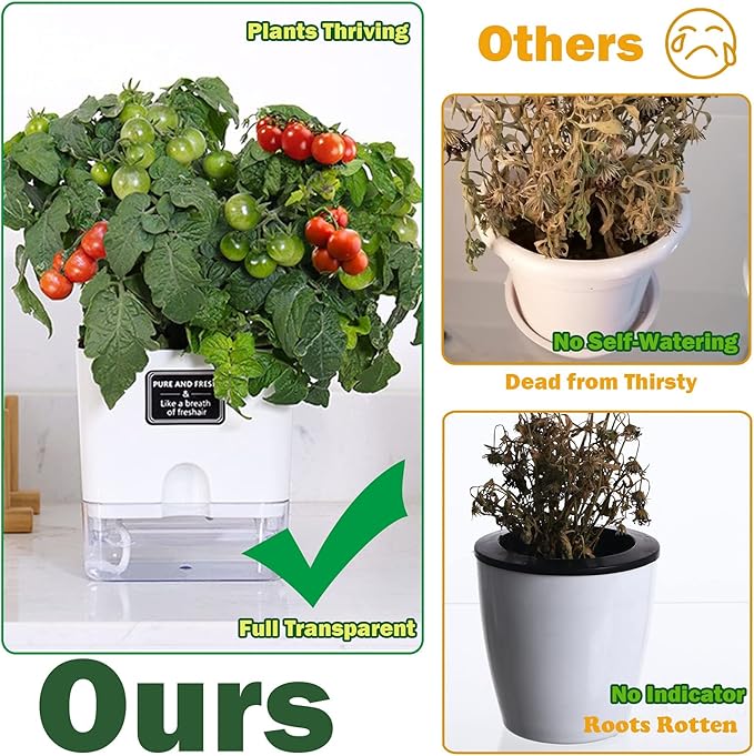 Planterhoma Self Watering Plant Pots for Indoor Plants 10 inch, 3 Packs Rectangle Self-Watering Planters with Drainage Hole, White African Violet Pots for Devil's Ivy, Spider Plant, Orchid, Herb