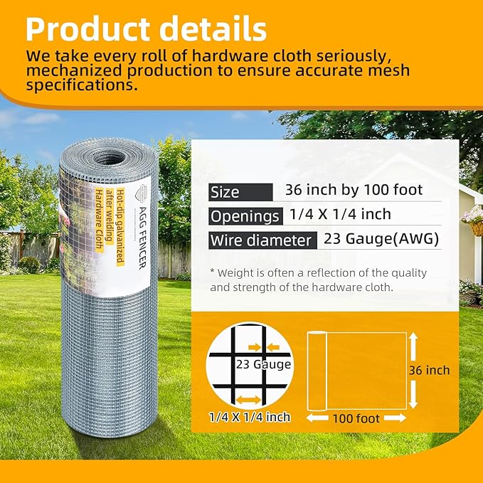 36inch x 100ft Hardware Cloth 1/4 inch Chicken Wire Fencing 23Ga, Hot Dipped Galvanized After Welding Garden Plant Supports Welded Metal Chicken Wire Fence Poultry Animal Netting Cage Screen