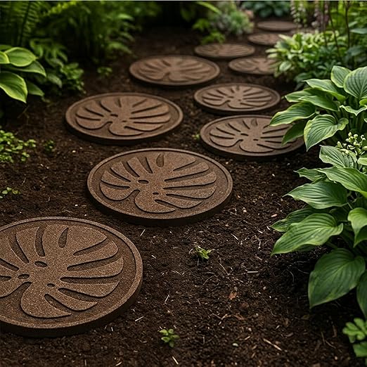 TierraVerde 4-Pack 18”x18” Fake Tropical Leaf Rubber Stepping Stones, Round, Brown – Reversible Non-Slip Outdoor Faux Decorative Set for Landscaping – DIY Decor for Walkways & Yard Pathways