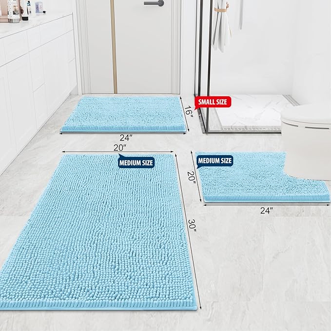 Smiry Luxury Chenille Bathroom Rugs 47x20, Extra Soft and Absorbent Shaggy Bath Mat, Machine Washable, Non-Slip Plush Carpet Runner for Tub, Shower, and Floor, Home Decor Accessories, Sky Blue