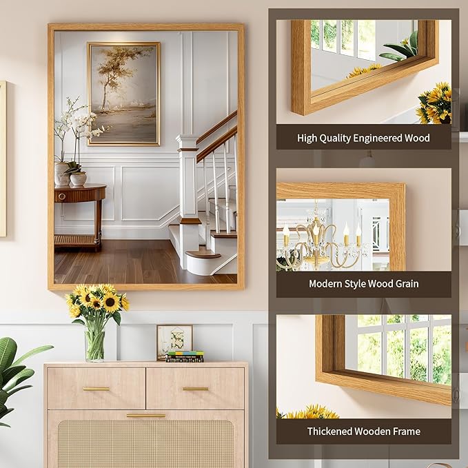 Syndra Natural Wood Frame Bathroom Mirror, 30x40'' Modern Vanity Mirror
