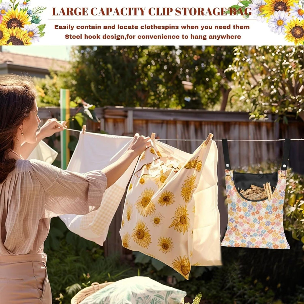 2 Pcs Flower Clothes Pin Hanging Bag, Clothespin Bag Organizer Clothes Pin Bag to Hang on Line with Large Opening Washable Clothespin Storage Bag