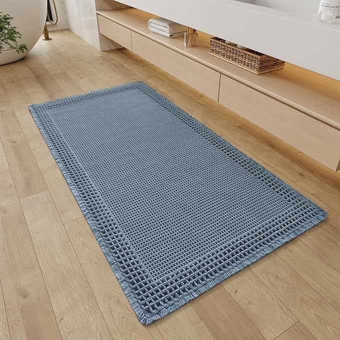 RESARE Waffle Bathroom Runner Rugs, Super Absorbent Bath Mat Non Slip Washable Quick Dry, Upgraded Ultra Soft Boho Bath Rugs with Tassels for