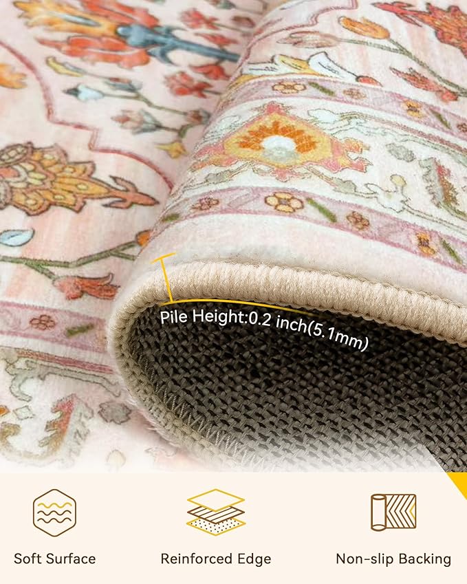 Area Rugs 2'x8' Runner Rug Non Slip Washable for Kitchen Hallway Bedroom Beside Laundry Room Bathroom Rug, Floor Carpet, Light Pink Colorful